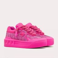Valentino One Stud XL Low-Top Sneakers Unisex Nappa Leather with Toile Iconographe Crystals Rose