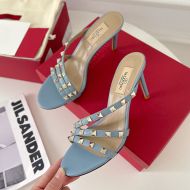 Valentino Garavani Rockstud Heeled Slides with Asymmetric-Straps Women Calfskin Sky Blue