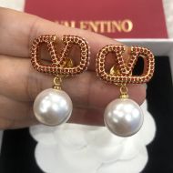 Valentino Mini VLogo Signature Pendant Earrings In Metal with Crystals and Pearls Gold/Red