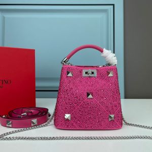 Valentino Garavani Mini Roman Stud Handbag with Sparkling Crystals In Nappa Lambskin Rose