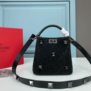 Valentino Garavani Mini Roman Stud Handbag with Sparkling Studs In Nappa Lambskin Black