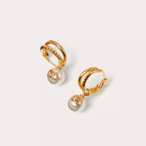 Valentino Mini VLogo Signature Pendant Earrings In Metal With Swarovski Pearls Gold