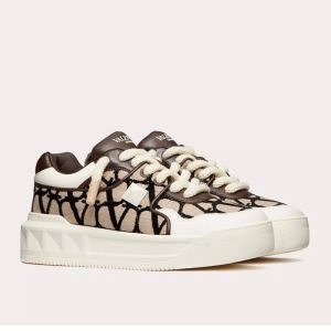 Valentino One Stud XL Low-Top Sneakers Unisex Nappa Leather with Toile Iconographe Fabric Beige
