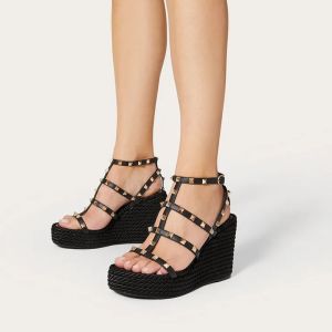 Valentino Garavani Rockstud Wedge Sandals with Ankle Strap Women Calfskin Black