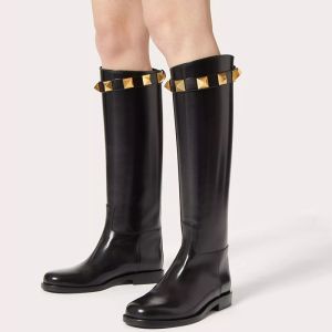 Valentino Roman Stud Knee Boots Women Calfskin Black