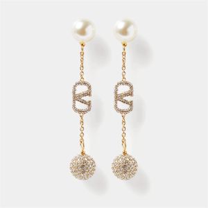 Valentino Small VLogo Signature Chain Earrings In Metal with Pearls and Crystal Balls Gold