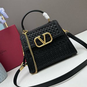 Valentino Small Vsling Handbag In Woven Calfskin Black