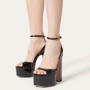 Valentino Garavani Tan-Go Platform Sandals with Ankle Strap Women Patent Leather Black