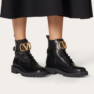 Valentino Garavani Calfskin Combat Boots With VLogo Women Black
