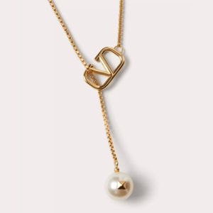 Valentino VLogo Signature Necklace In Metal with Pearl Pendant Gold
